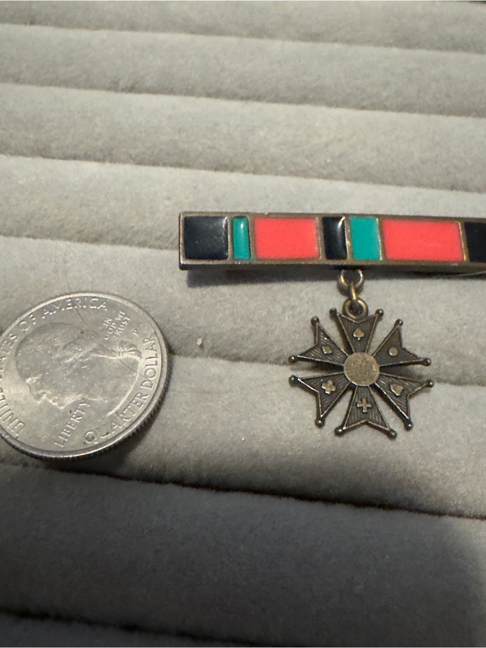 Men's Retro Enamel Bar Pin with Dangle Maltese Cross - Red & Teal military